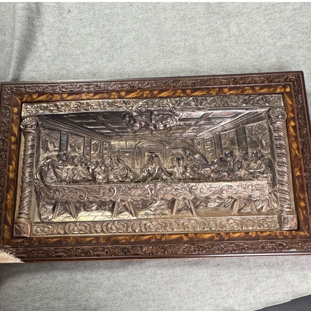 Vintage Last Supper 3D Relief Wall Art Silver Tone Framed Religious Plaque 20x12